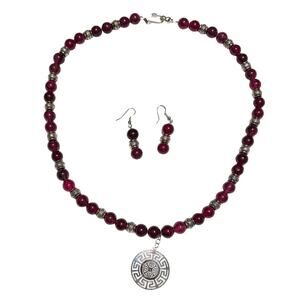 Medallion Beaded Necklace Earrings Set Geometric Pendant Tribal Burgundy Silver
